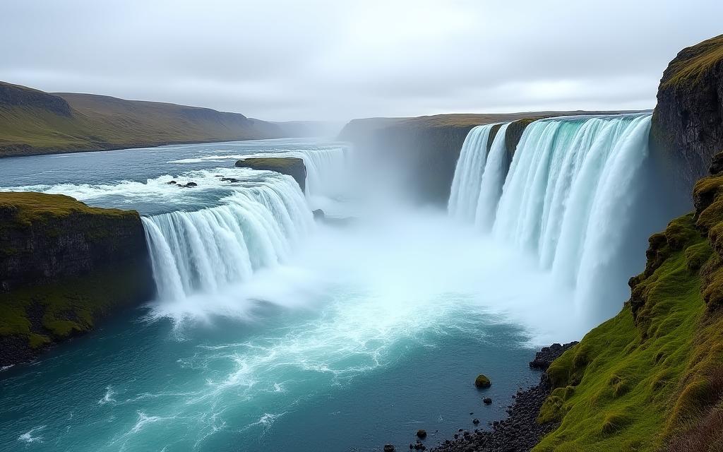 A powerful waterfall in Iceland, showing the raw natural beauty of the landscape.