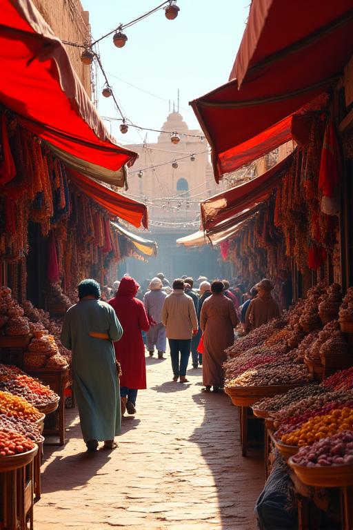 A bustling market in Marrakech, Morocco, filled with vibrant colors and energy.