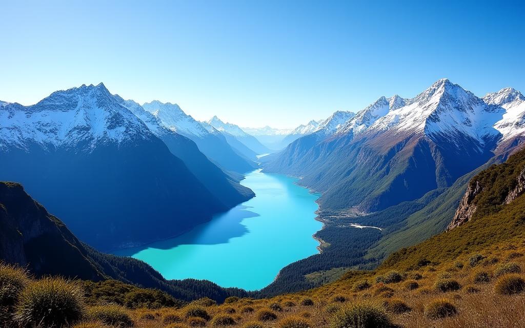 Majestic mountain landscape in New Zealand with clear blue skies.