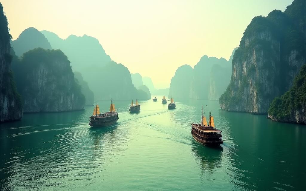 Traditional boats cruising through the serene waters of Ha Long Bay, Vietnam.