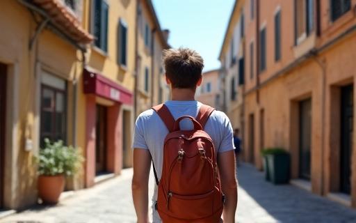 Backpacker walking through a European city